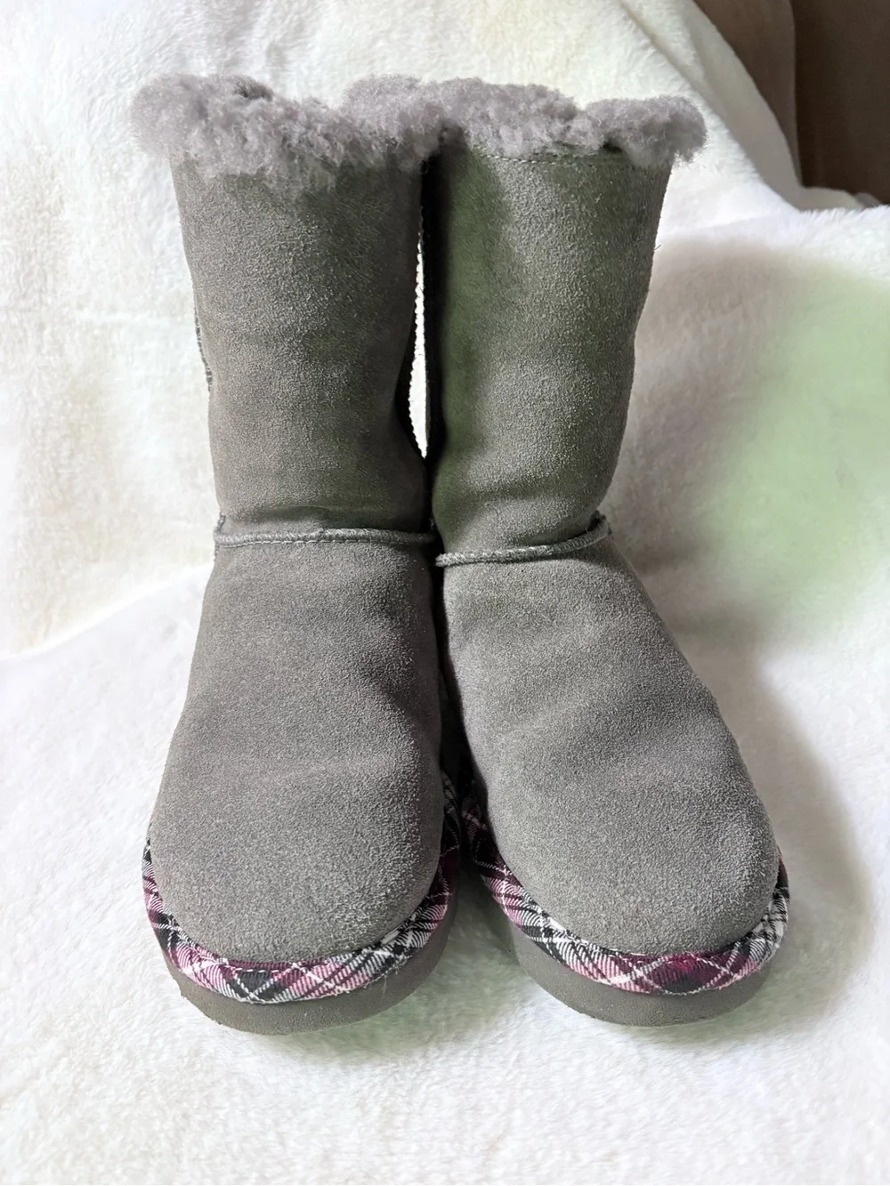 UGG Gray Suede Shearling Winter Boots with Plaid Trim